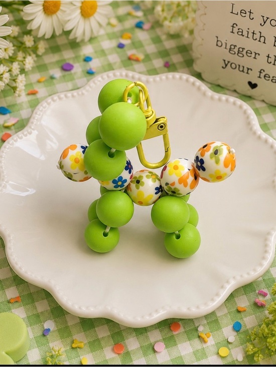 Hand Crafted Accessories - Green Beaded Balloon Dog Keychain with Floral Accents